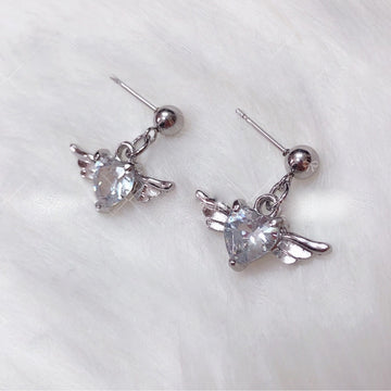 Vintage Silver Color Metal Heart Wing Crystal Earrings Ear Stud for Girls Women New Korean Fashion Ear Rings Jewelry Harajuku daiiibabyyy